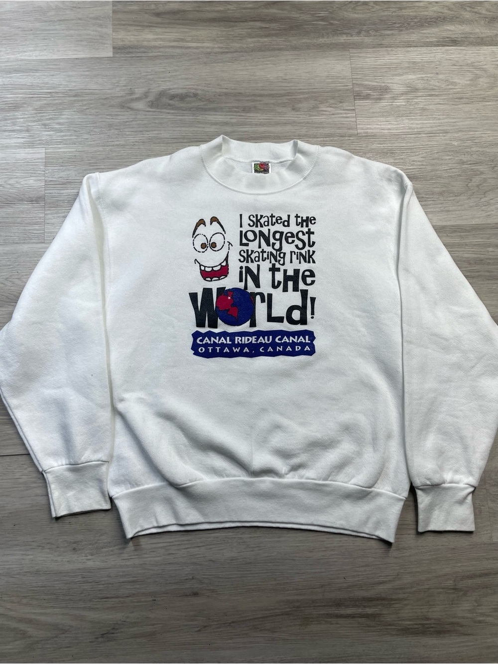 Fruit of the Loom White Crewneck Sweatshirt with Blue & Black Graphic